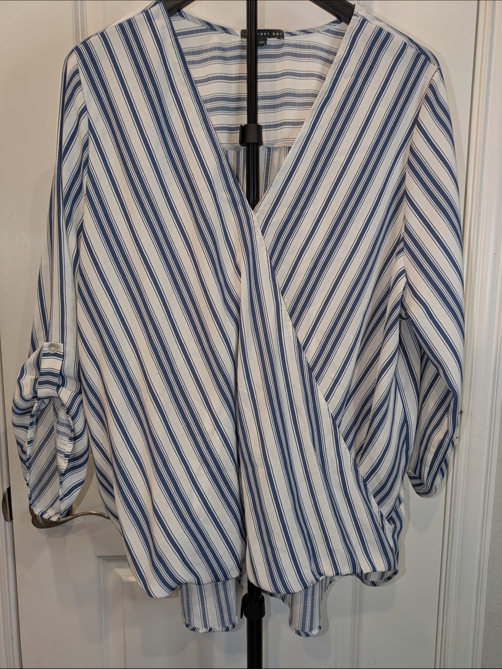 West Kei XXL Blue White Striped Faux Wrap Blouse Roll Tab Sleeve Tunic Top